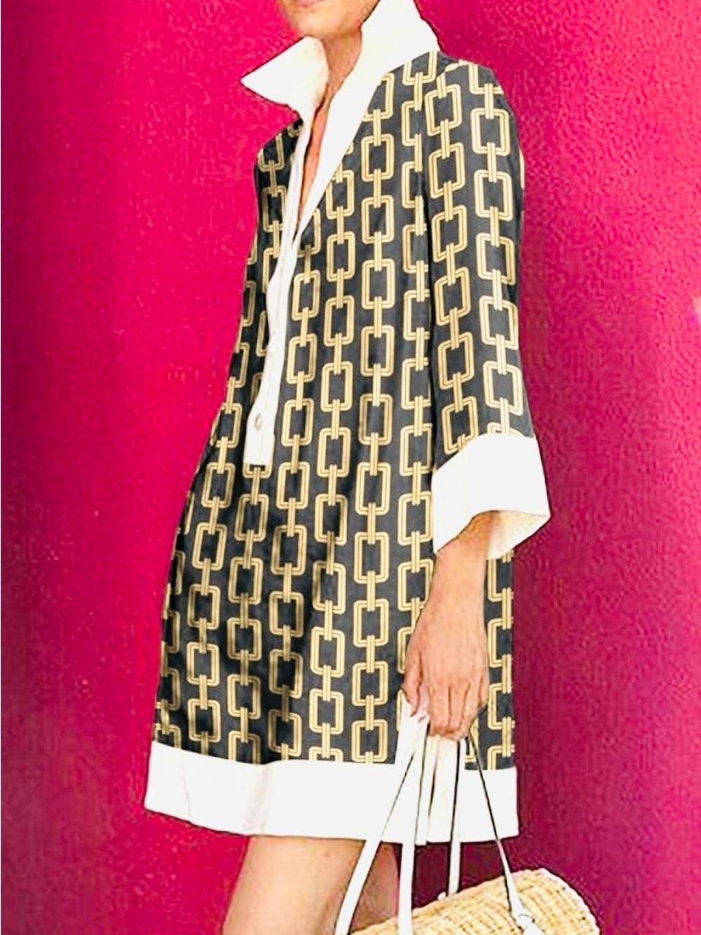NWOT Chain Link Print Shift Dress in Black and Gold with White Trim women’s L